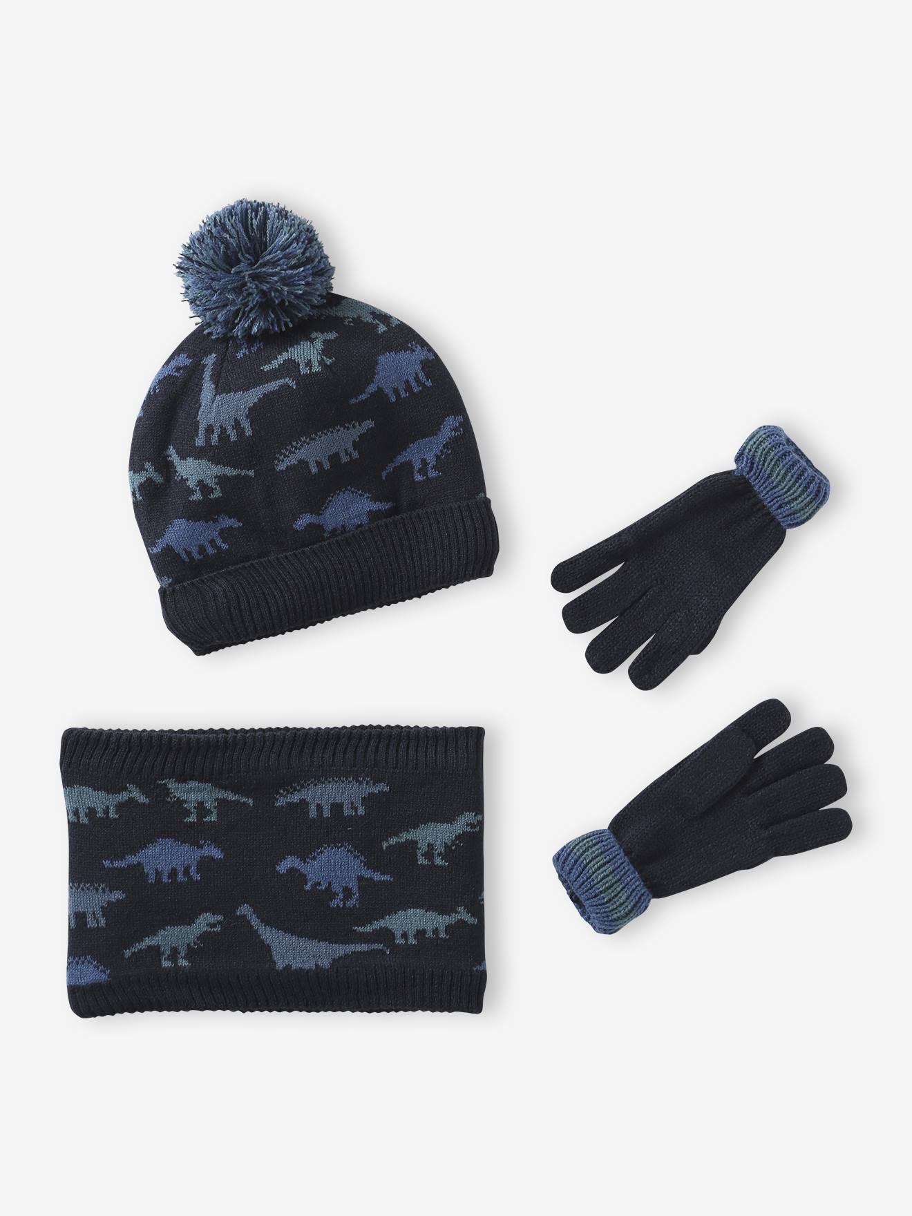 Set aus Mütze, Schlauchschal & Handschuhen für Jungen mit Dinosaurier-Motiv blau Gr. 152/164 von vertbaudet