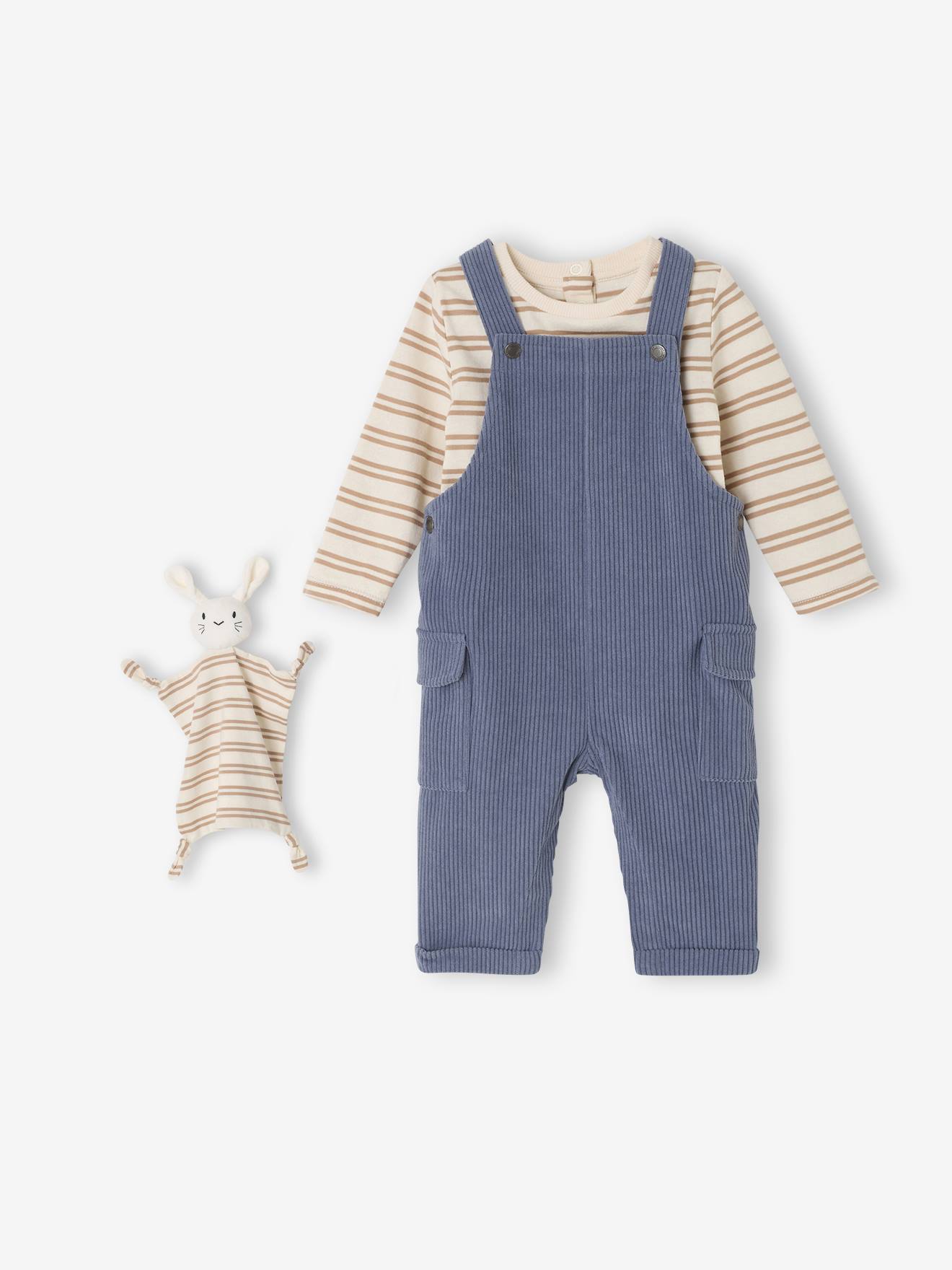 3-teiliges Baby-Set mit Geschenkbox: Shirt, Latzhose & Schmusetuch graublau Gr. 80 von vertbaudet