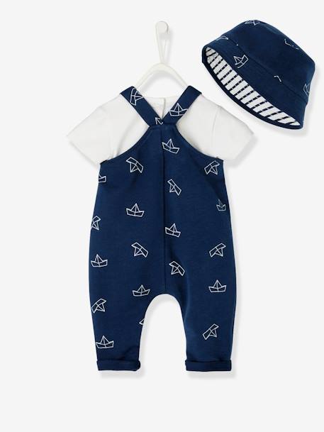 Baby-Set: Sonnenhut, Body und Latzhose Oeko-Tex - weiß/blau+wollweiß - 4