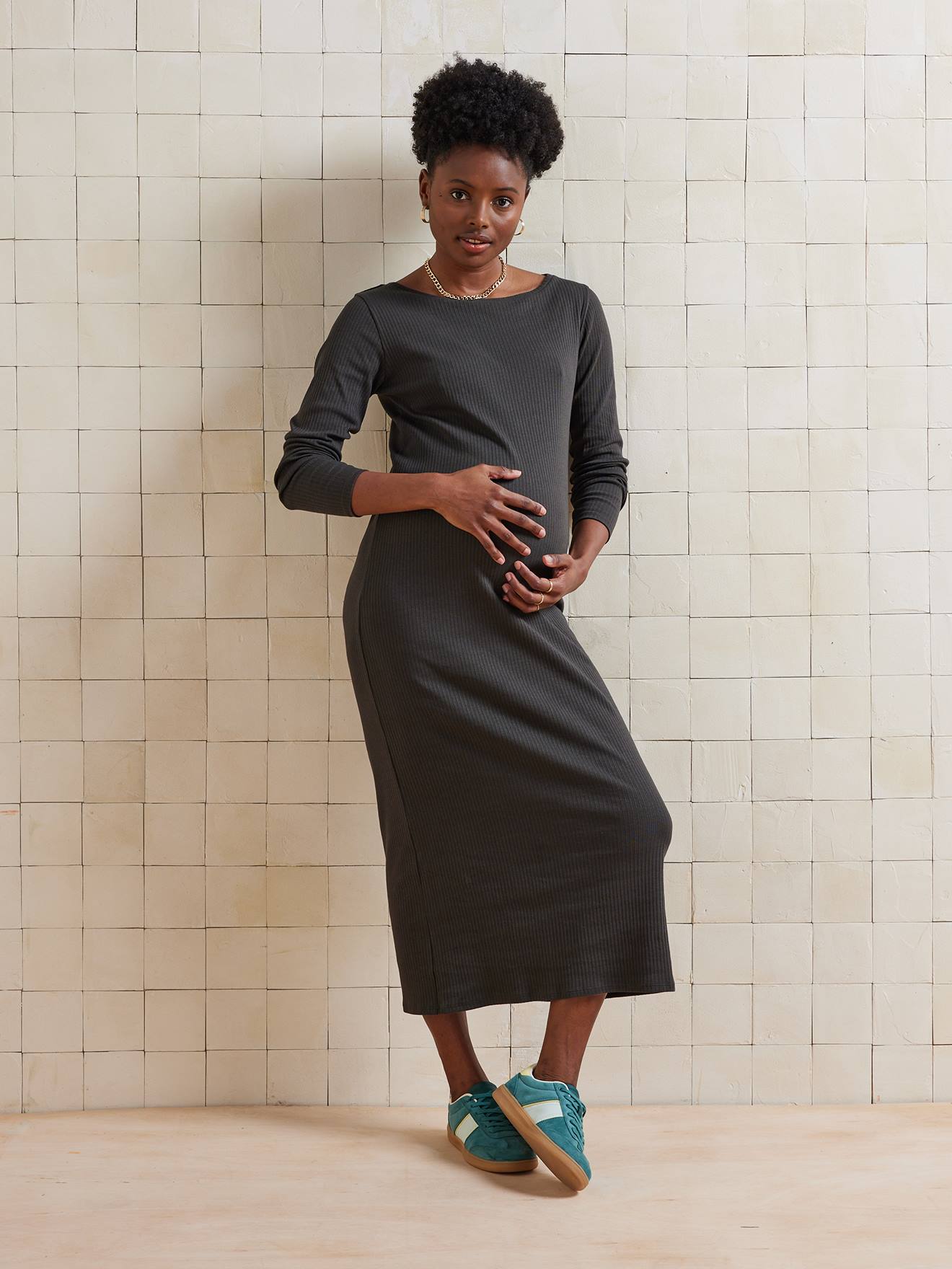 Langes Umstandskleid aus Rippjersey, lange Ärmel grau Gr. 32/34 von vertbaudet