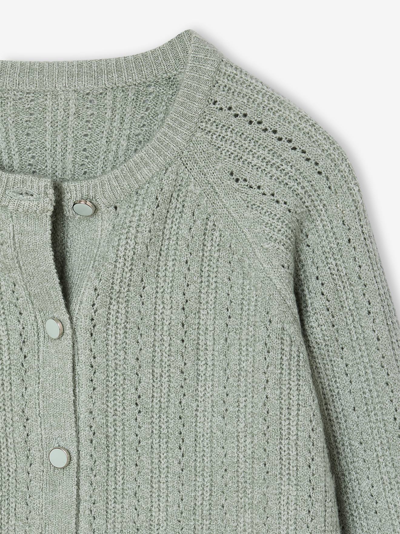 Thumbnail - Flauschige Mädchen Strickjacke mit Ajourmuster salbei
