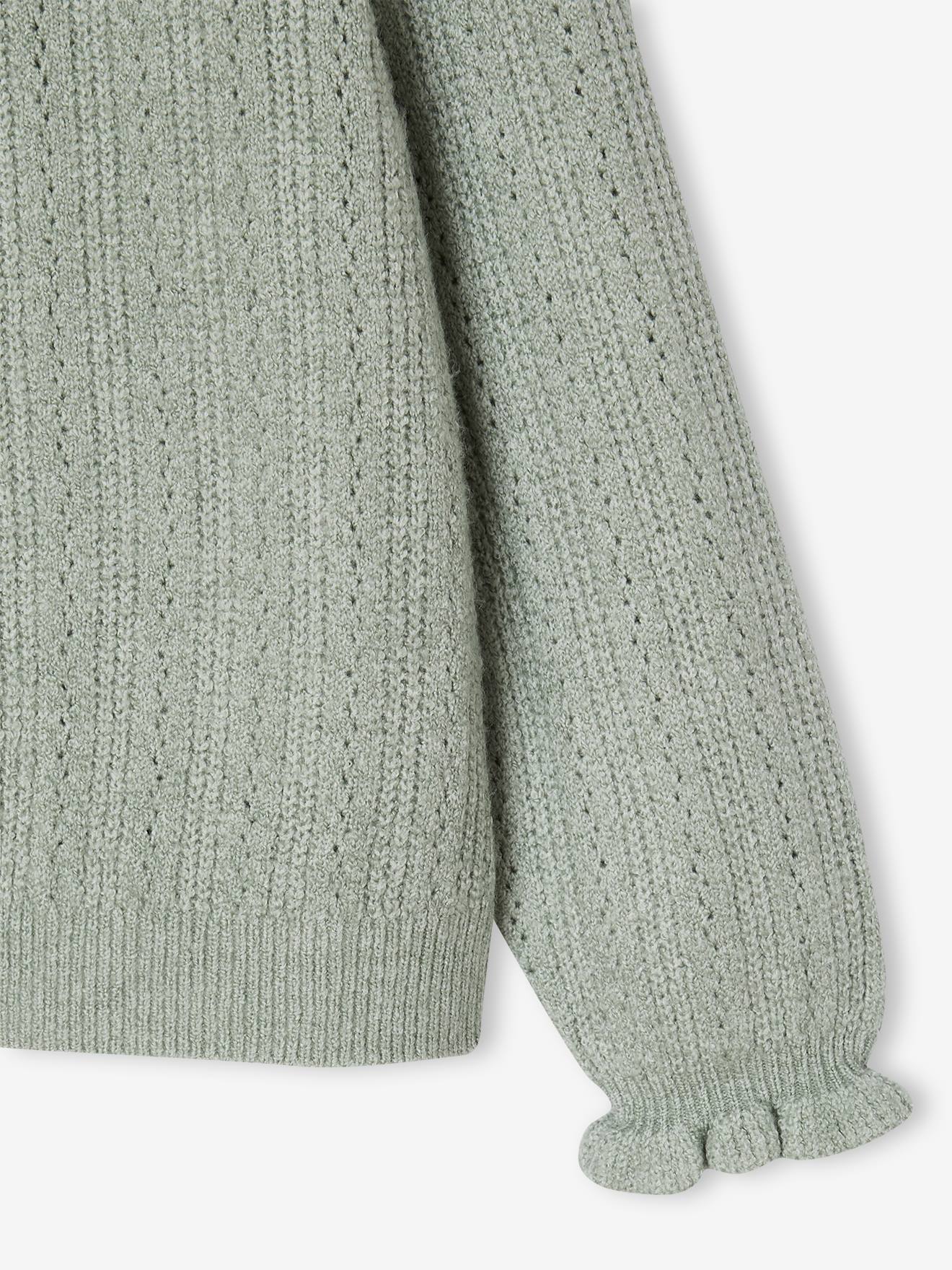 Thumbnail - Flauschige Mädchen Strickjacke mit Ajourmuster salbei