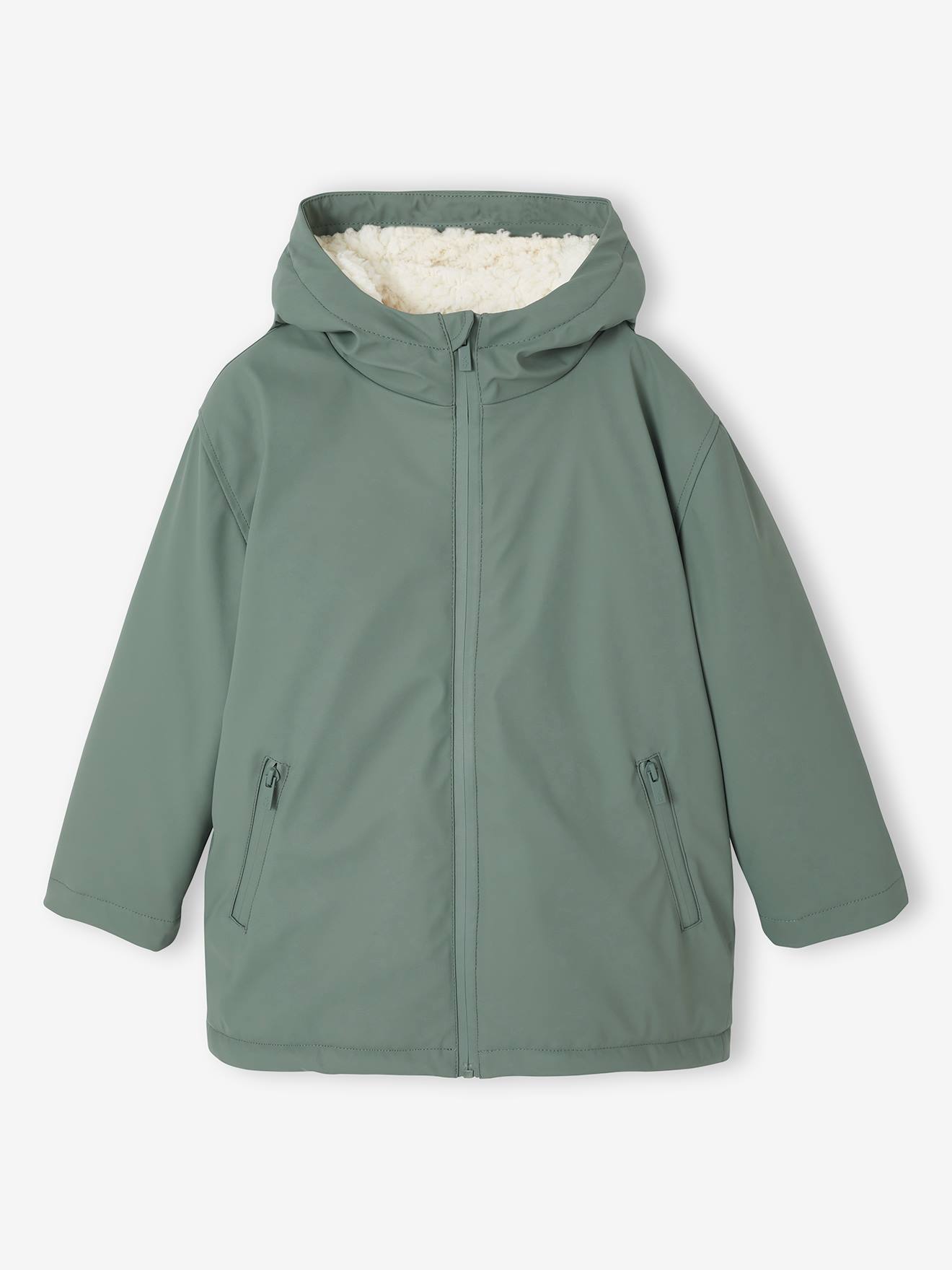 Jungen Regenjacke mit Kapuze & Teddyfleece-Futter salbeigrün Gr. 128 von vertbaudet