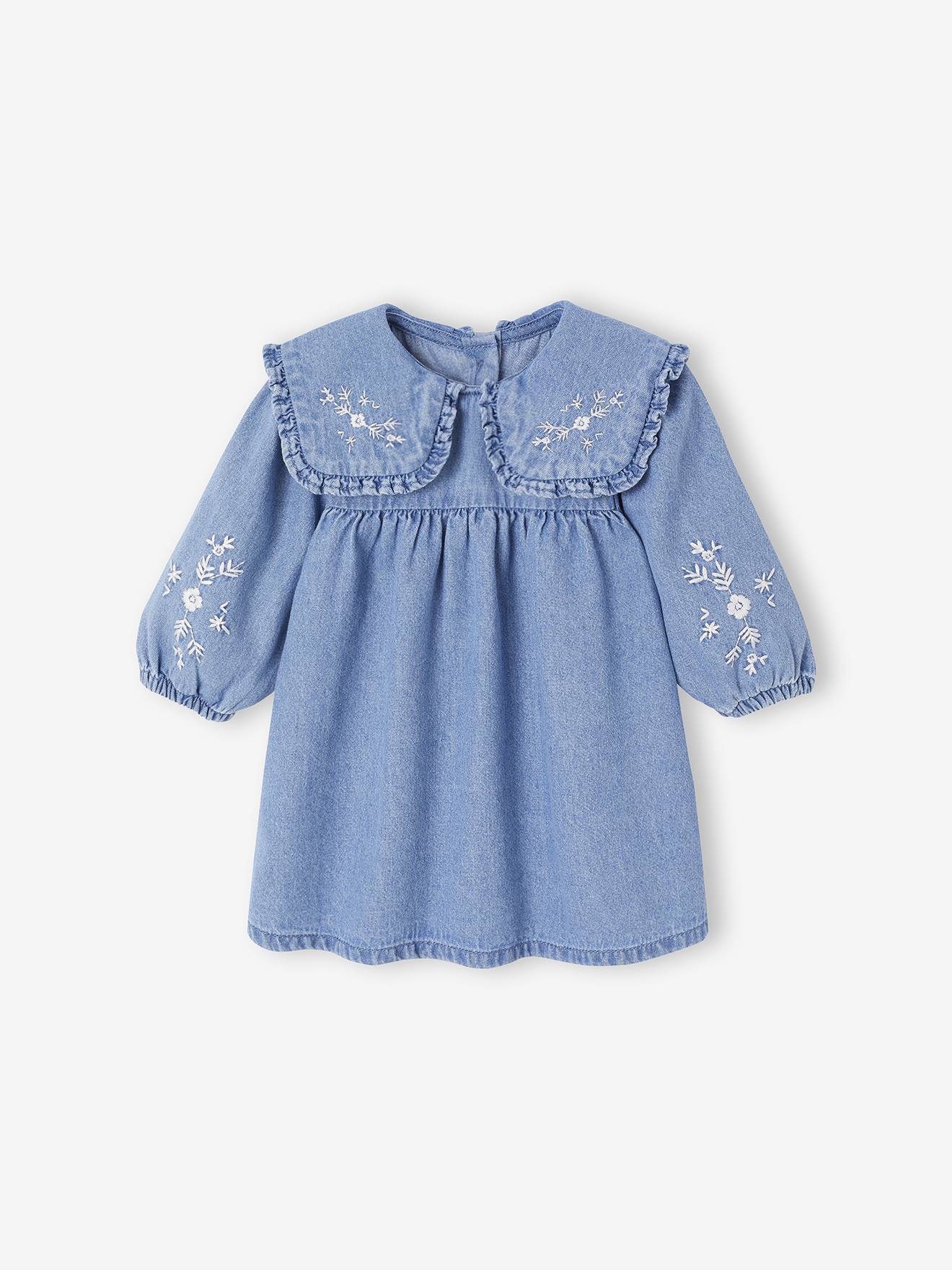 Thumbnail - Baby Jeanskleid mit Rüschenkragen und Blumenstickereien