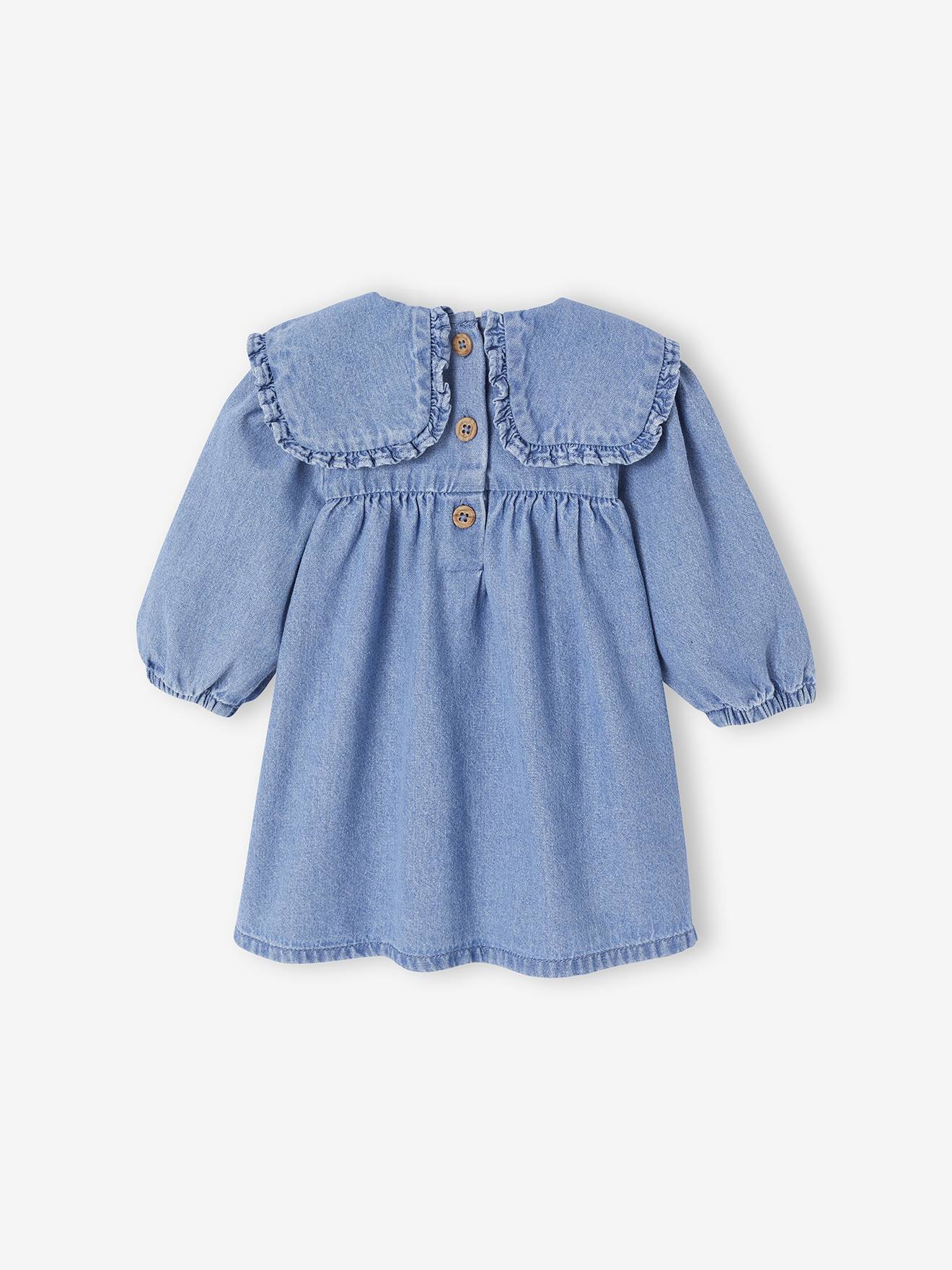 Thumbnail - Baby Jeanskleid mit Rüschenkragen und Blumenstickereien