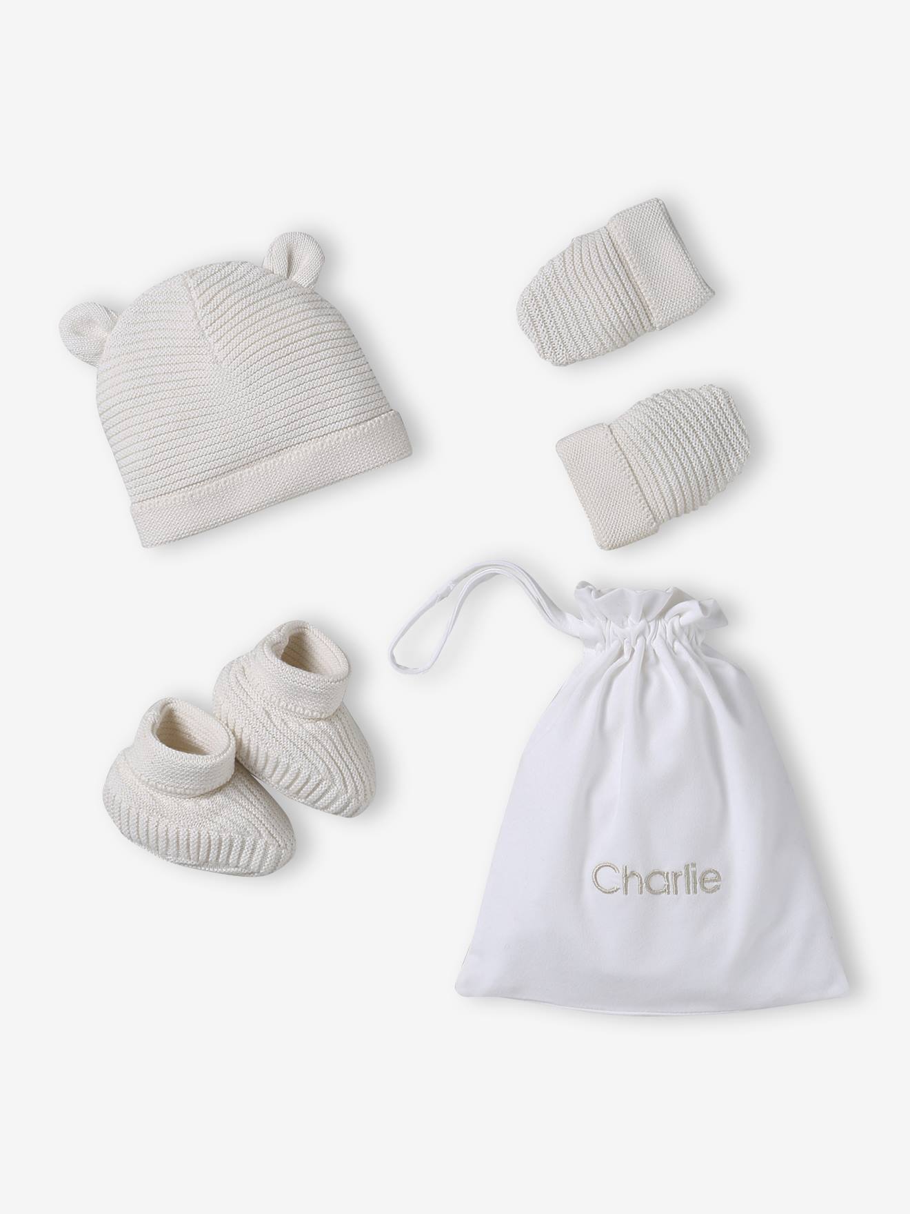 Baby Set: Mütze, Fäustlinge & Schühchen mit personalisierbarem Beutel, Bio-Baumwolle wollweiß Gr. 74/80 von vertbaudet