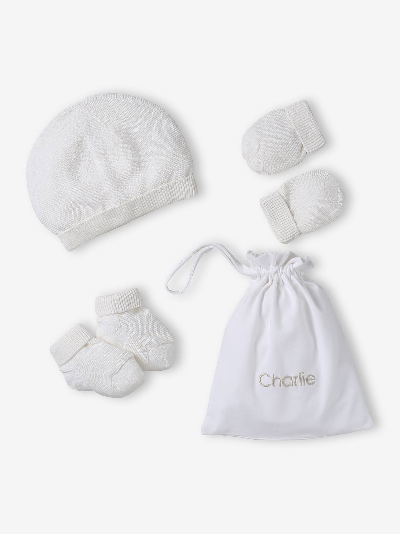 Baby Set mit Mütze, Handschuhen & Schühchen, personalisierbar weiß Gr. 62/68 von vertbaudet