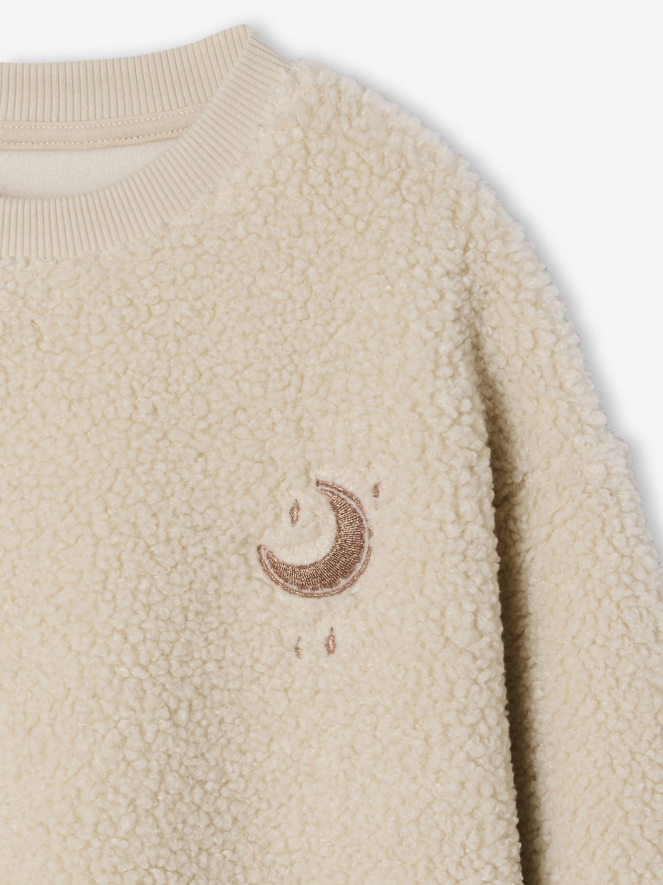 Thumbnail - Mädchenkleid aus Teddyfleece mit besticktem Mondmotiv vanille