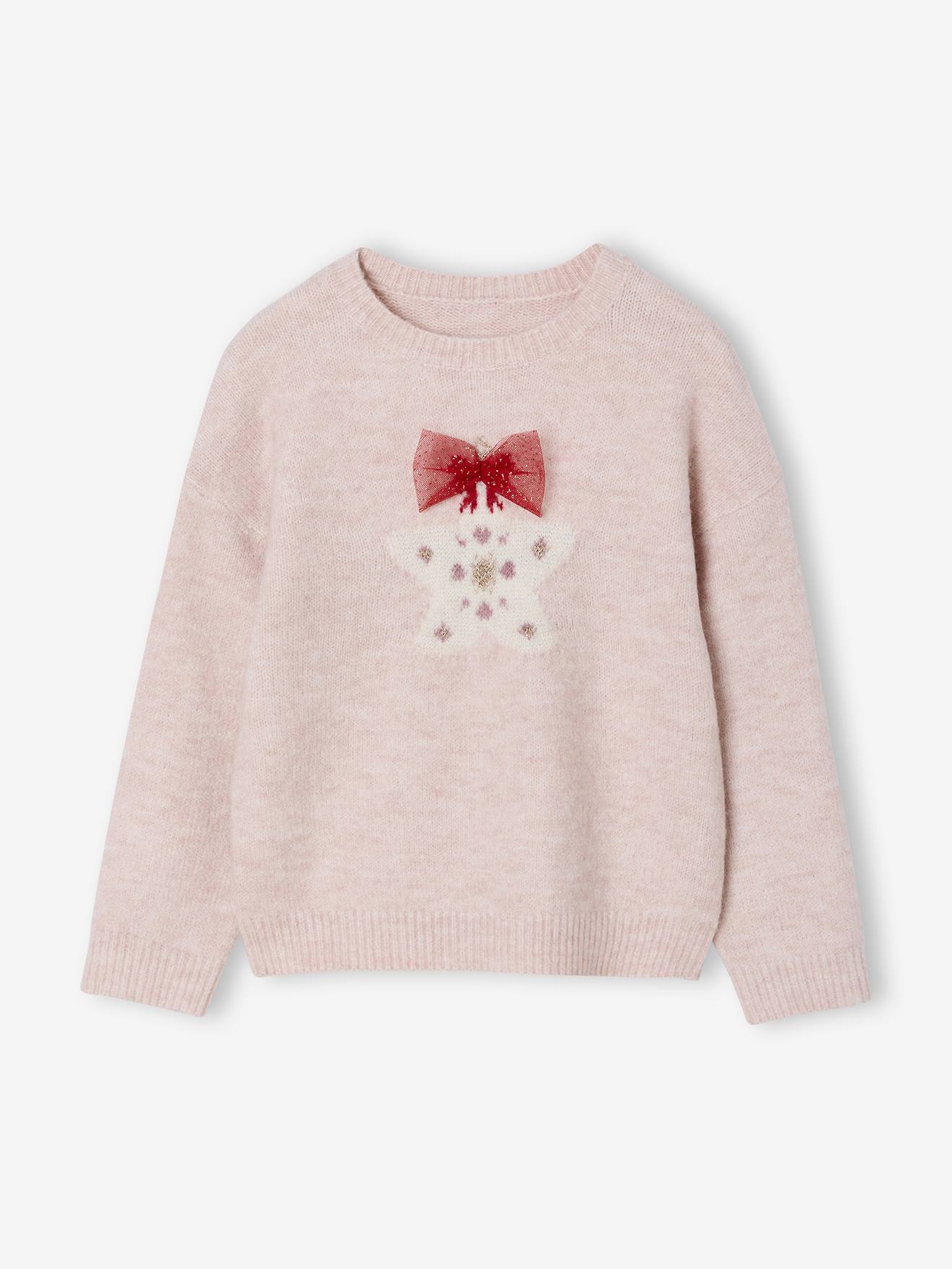 Mädchen-Pullover mit Glitzerstern und Schleife pudrig