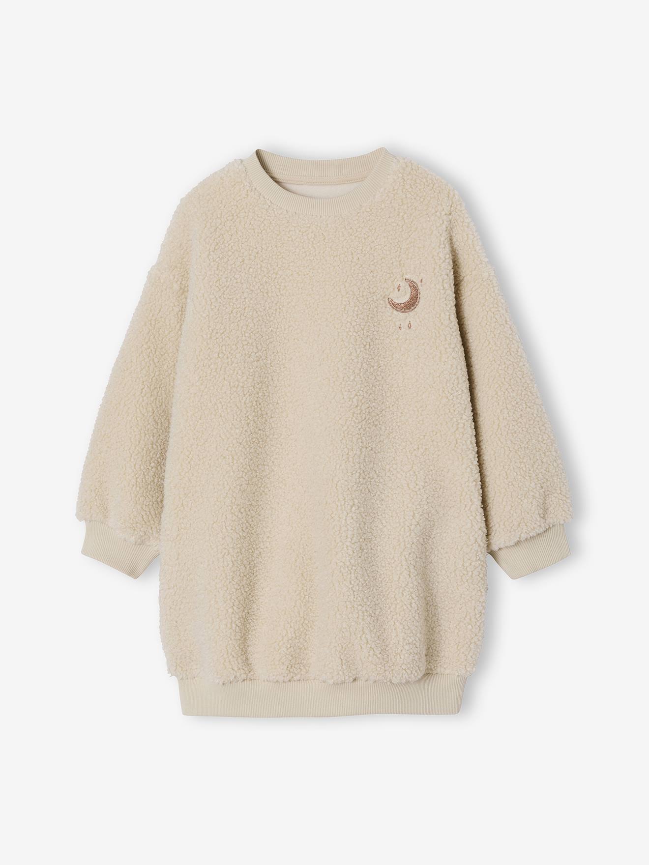 Mädchenkleid aus Teddyfleece mit besticktem Mondmotiv vanille