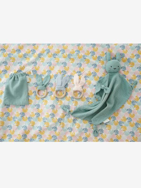 Baby Geschenk-Set: Schmusetuch & Greifling im Geschenkbeutel - blau+grün+rosa+senfgelb - 11