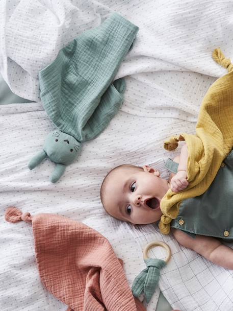 Baby Geschenk-Set: Schmusetuch und Greifling - blau+grün+rosa+senfgelb - 6