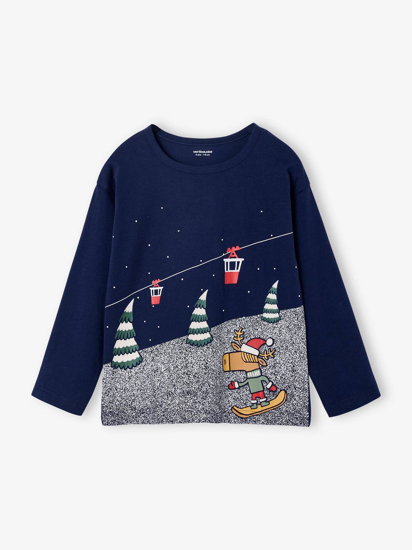 Jungen Weihnachts-Shirt mit Flockprint blau Gr. 92/98 von vertbaudet