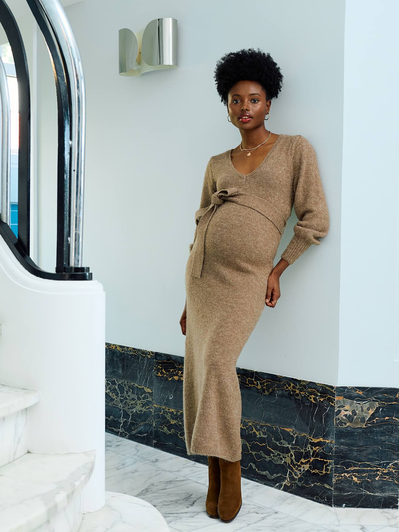 Umstands-Maxikleid aus meliertem Strick schokolade