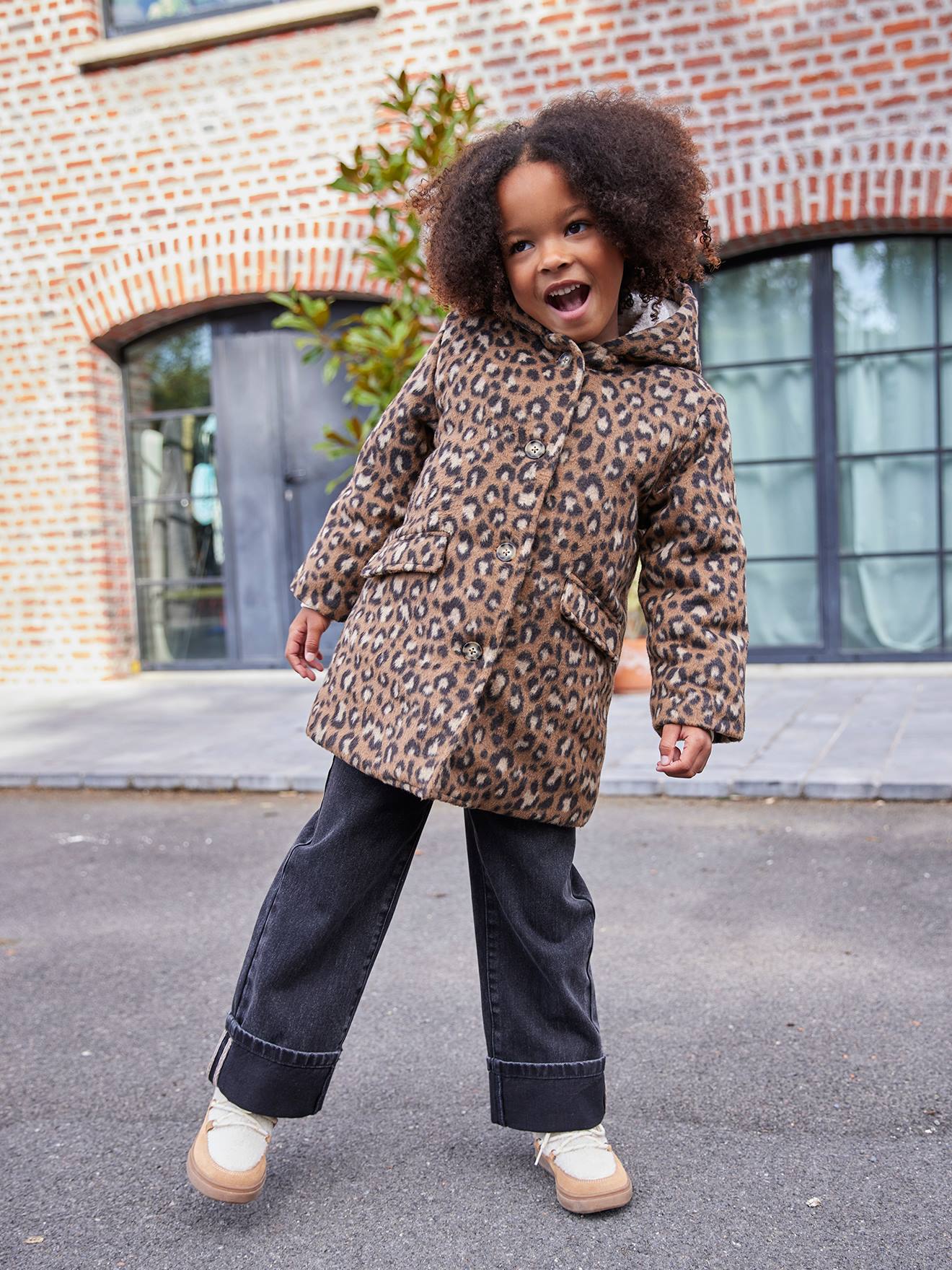 Thumbnail - Mädchen Leoparden-Mantel mit Kapuze aus Wollmix