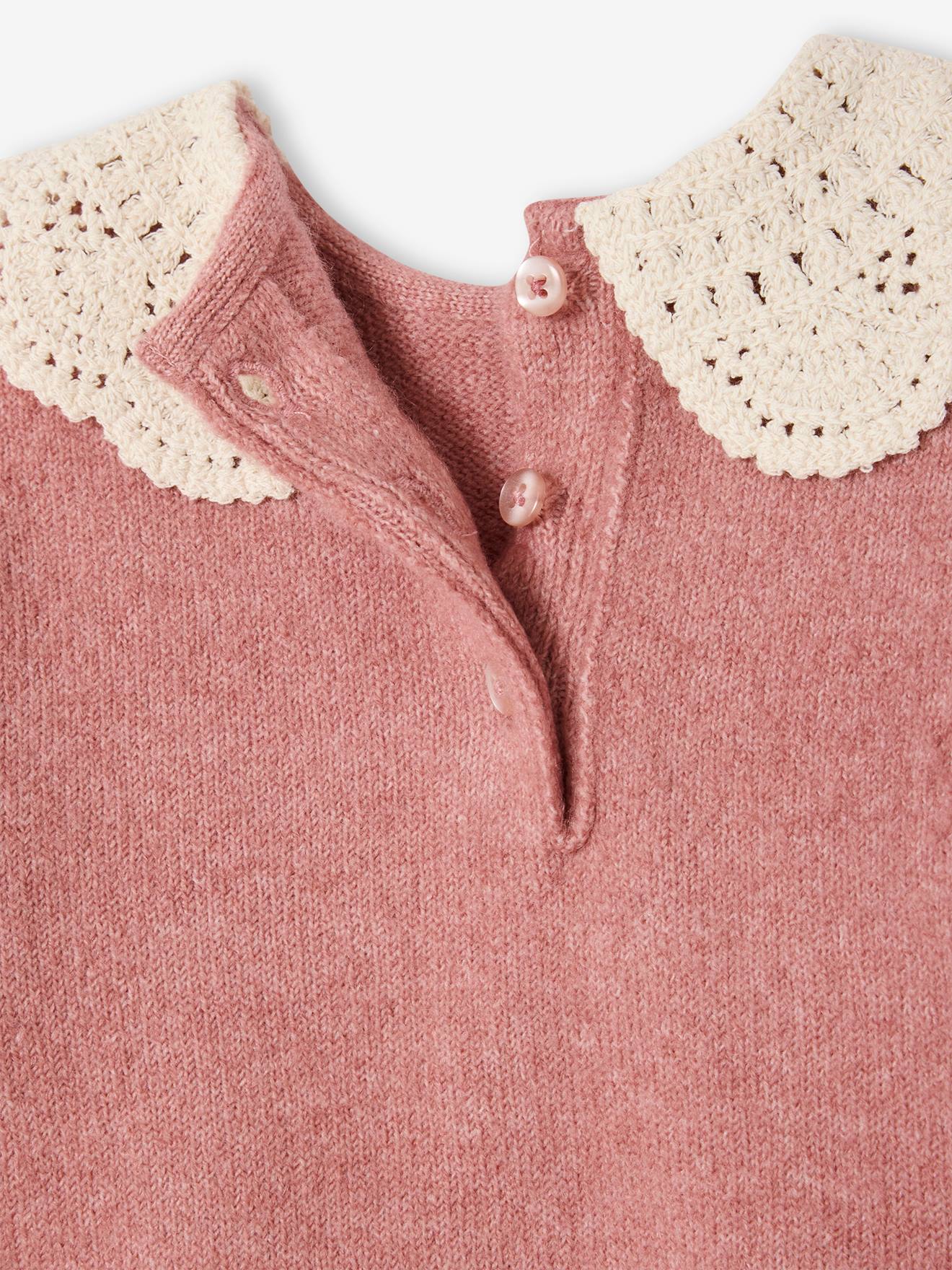 Thumbnail - Baby Pullover aus Strick mit Häkelkragen pudrig