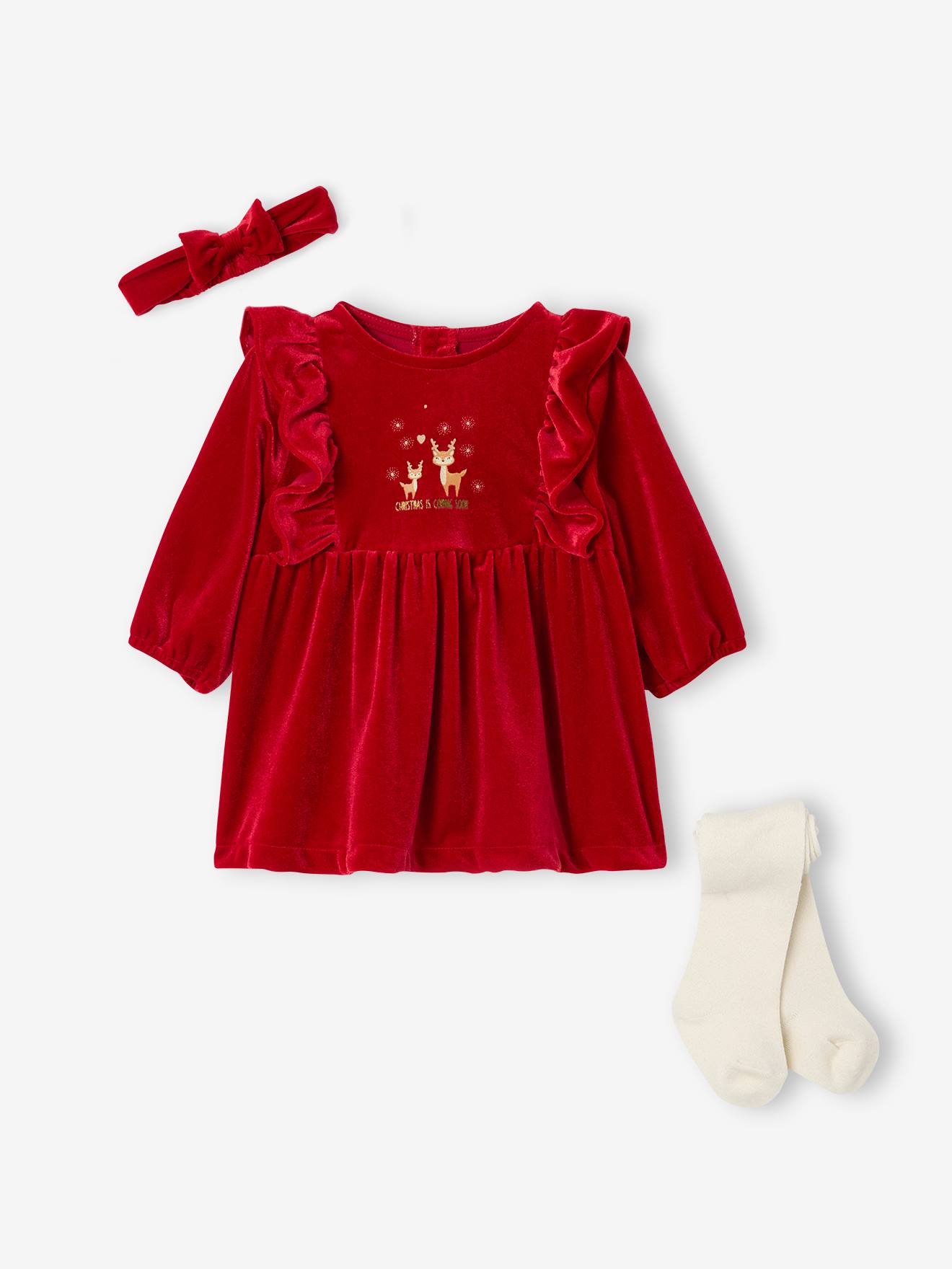 Baby-Set: Samt-Kleid, Haarband & Strumpfhose für Weihnachten, Mädchen rot Gr. 71 von vertbaudet